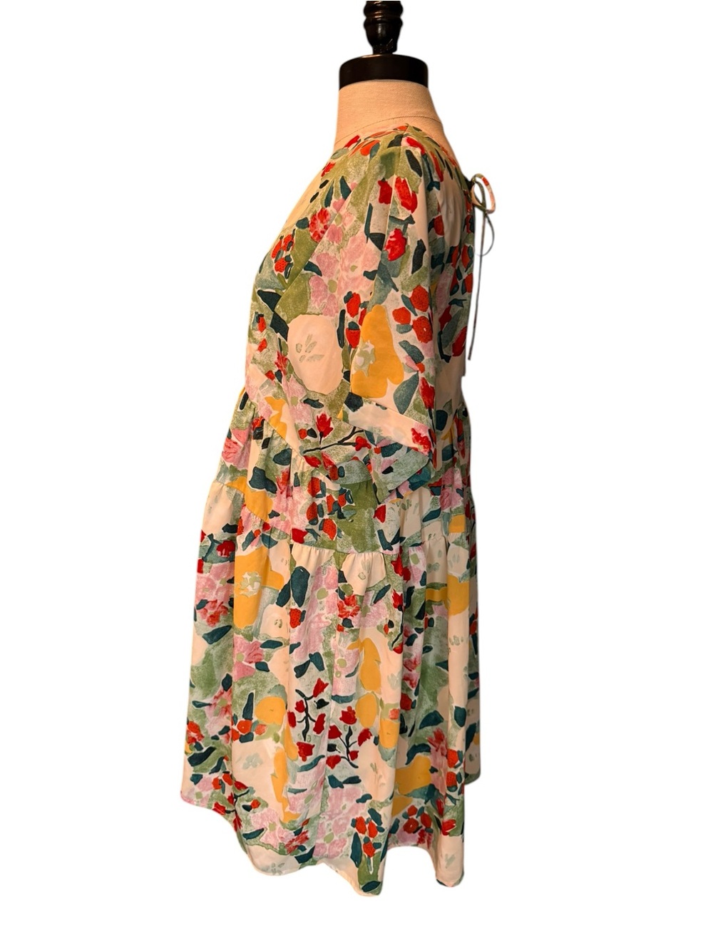Entro Floral Tiered Babydoll Dress SZ L Watercolor Print V Neck Boho Cottagecore - Picture 5 of 10